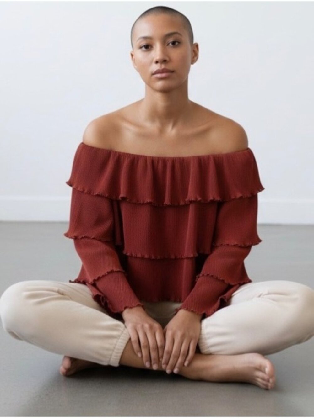 LOVERS + FRIENDS Rust Orange Off-The-Shoulder Ribbed Tiered Ruffle Blouse XS